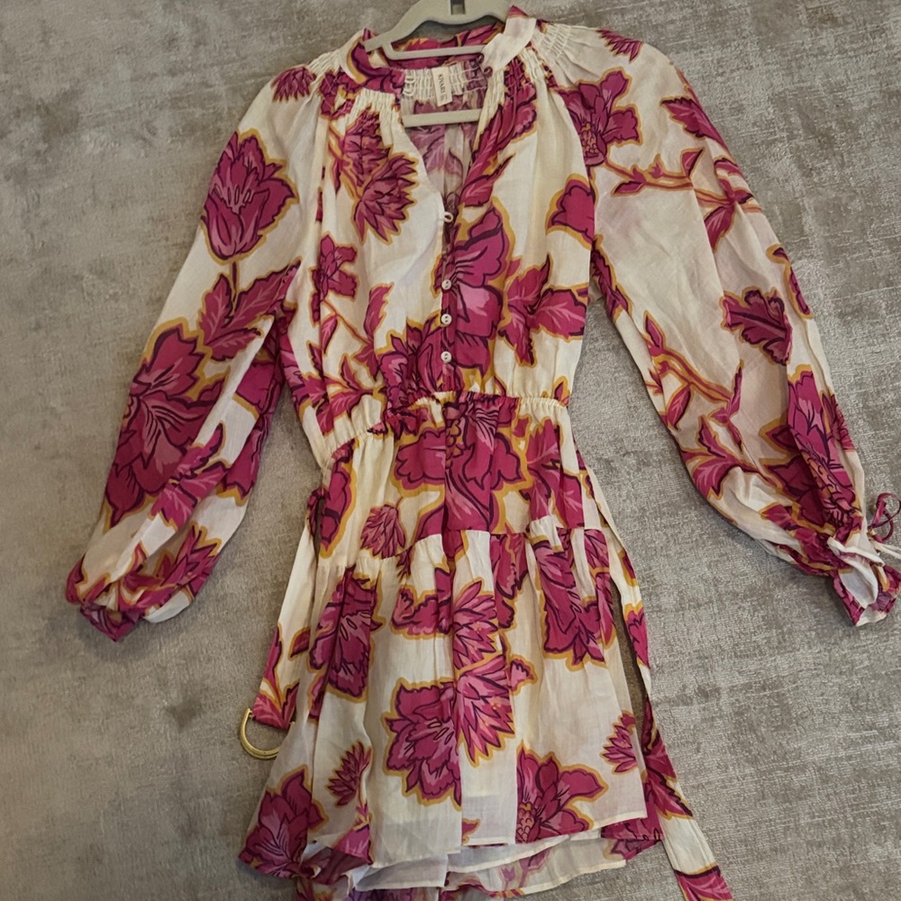 Kivari White Floral Mini Dress with Pink and Gold Accents